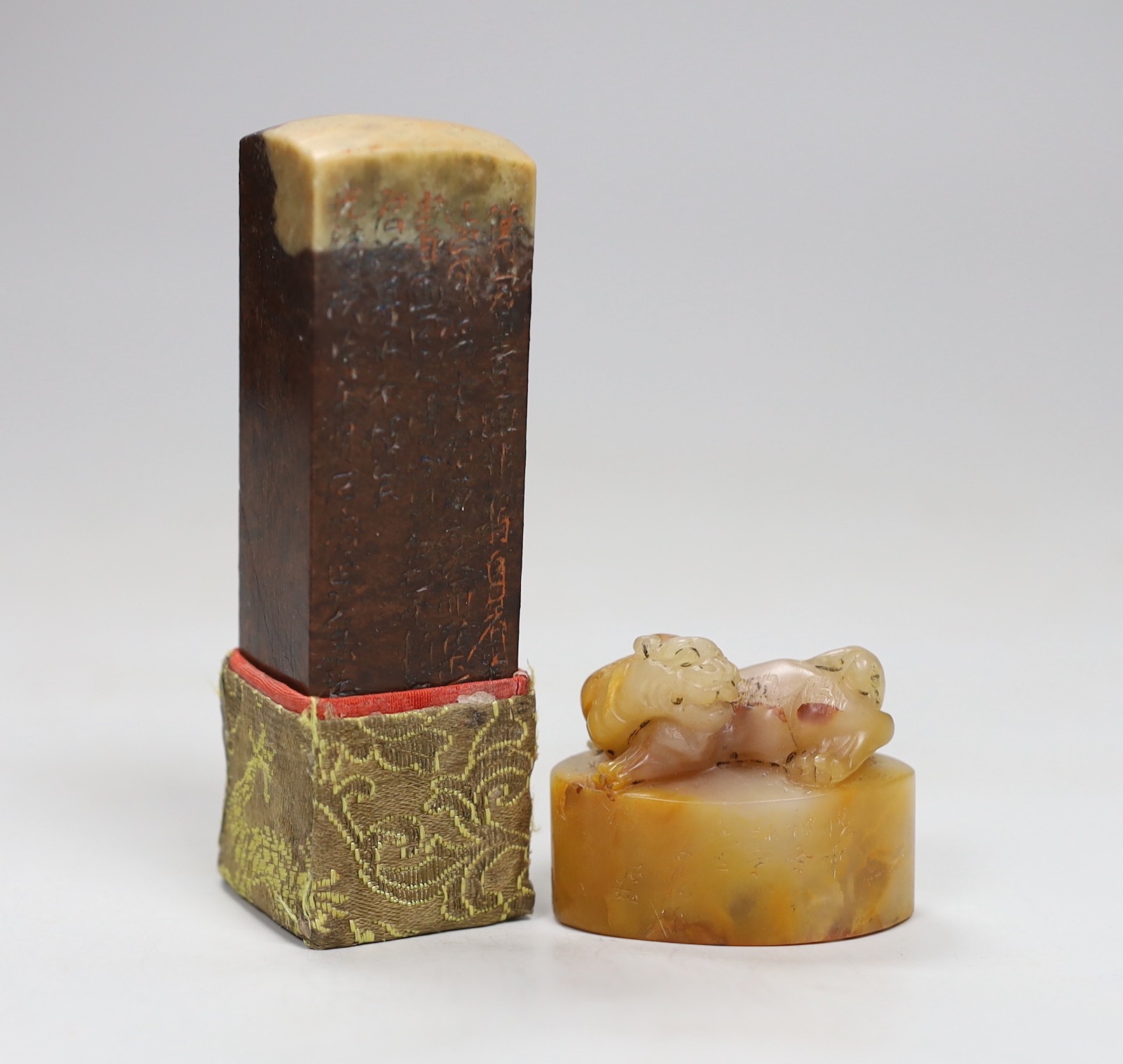Two Chinese soapstone inscribed seals, 12cm